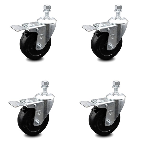 4 Inch Soft Rubber Wheel Swivel 1/2 Inch Stem Caster Set with Total Lock Brake SCC